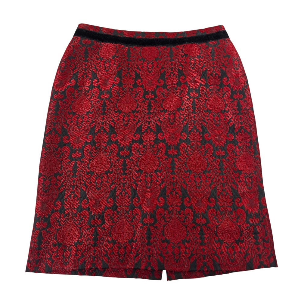 Talbots Womens 10 Red Black Damask Brocade Pencil Skirt Velvet Trim Holiday